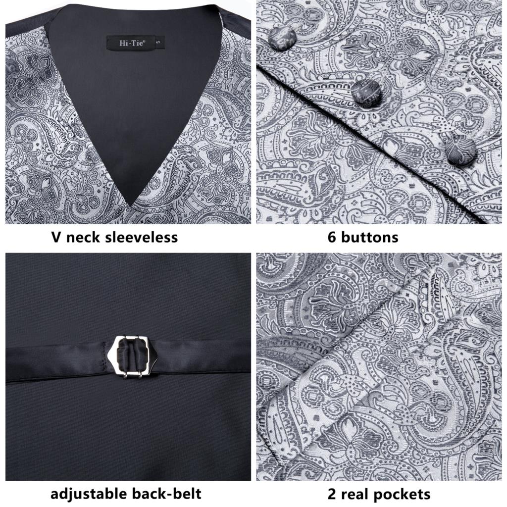 Hi-Tie 11 Kinds Silk Men's Waistcoat and Tie Set Business Wedding Vests With Necktie Hankerchief Cufflinks Floral Paisley Slim