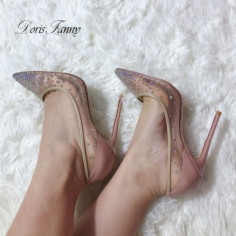Doris Fanny good quality Crystals Nude Wedding shoes sexy party stiletto high heels large size pumps women shoes