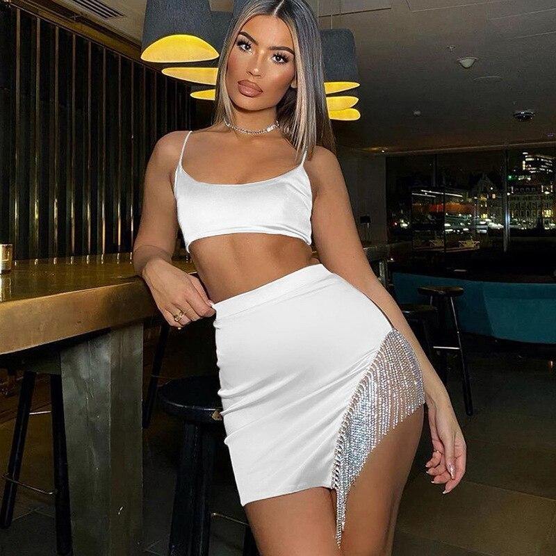 Women's Sexy 2Pcs Sets Party Clubwear Outfits Spaghetti Straps Crop Top Camis+Sequin Diamond Tassel Skirt 2020 Summer Bodycon - Surprise store