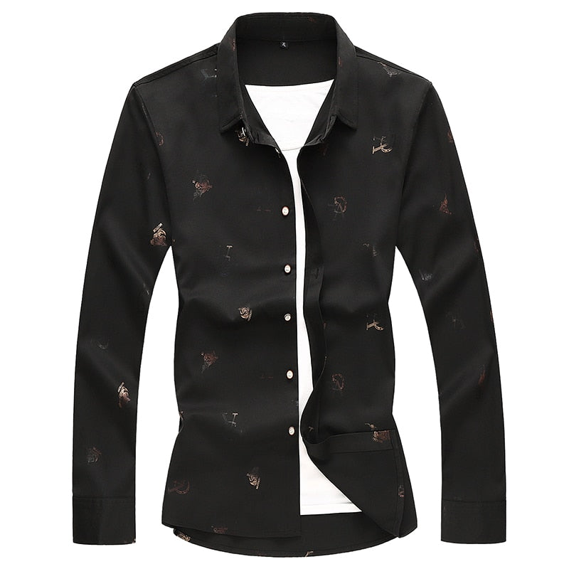 Brand Men's Fashion Long Sleeve Shirt Spring Autumn Slim fit Business Casual Print Shirts Male Plus Size 5XL 6XL 7XL