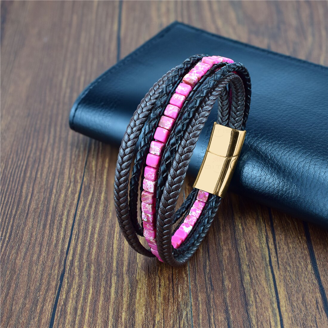Multilayer Bracelet Natural Stone Genuine Leather Braided Wrap Bangle Stainless Steel Magnetic Clasp Bracelet Men Jewelry