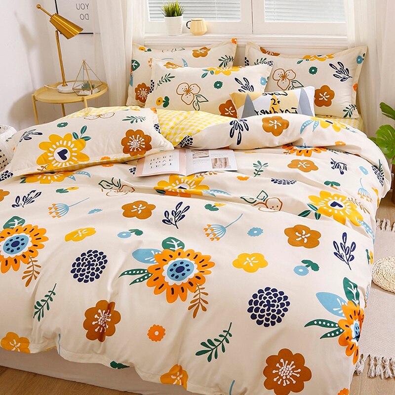 4pcs Nordic Bedding Set , Duvet Cover + Pillow Case + Bed Sheet Home Textiles Bed Sheets Set Washed Cotton A/B side Qulit Sheet