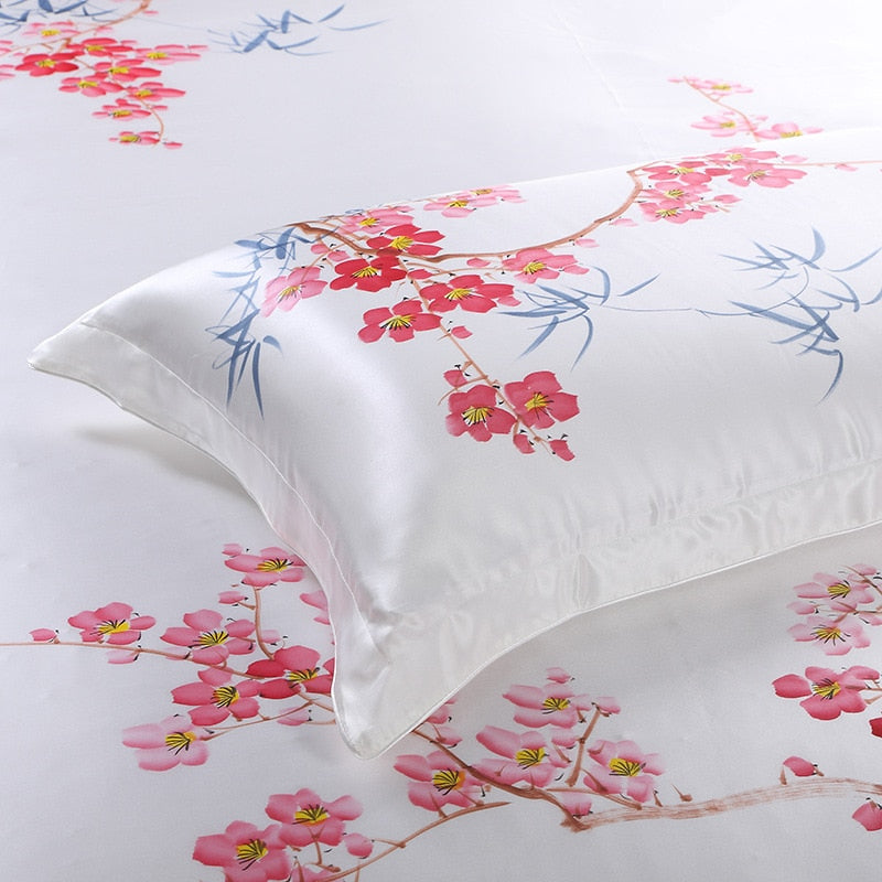 19mm Duvet Cover Queen 100% Silk 4pcs Bedding Set Printed Soft and Breathable with Zipper Closure & Corner Ties Pink White