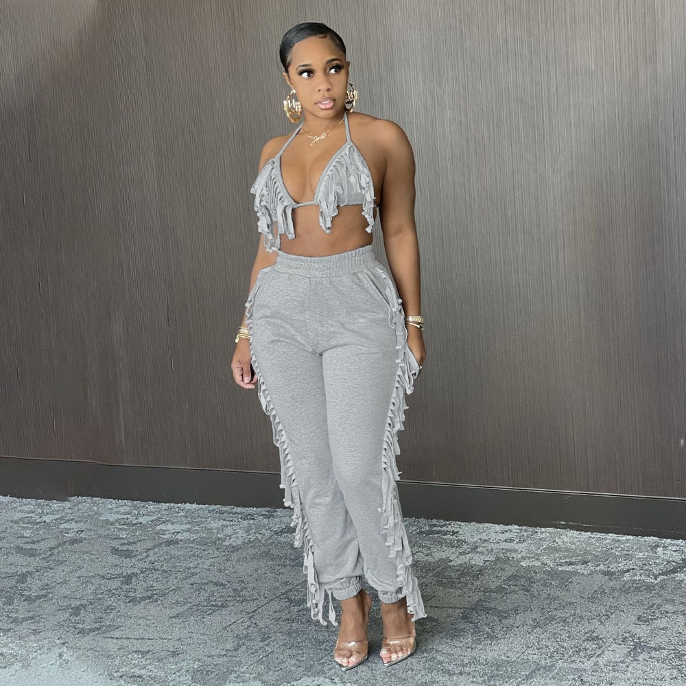 2021 Summer Women Two Piece Fashion Sexy Halter Top High Waist Fringed Stretch Pants Trousers Casual Party Club Clothing Women