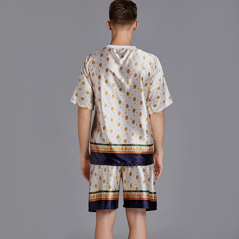 Silk Men Pajama Sets Satin Pajama Man Sleepwear Pajamas Nightgown Summer Short Sleeve Print Men Pyjamas