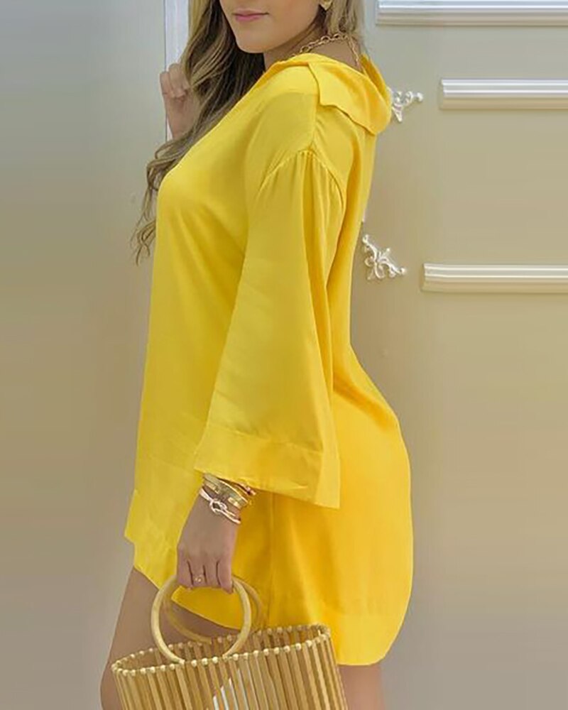 2021 Women Plain Bell Sleeve V-Neck Long Casual Loose Top & Shorts Set Casual Summer Solid Streetewar Suit Sets