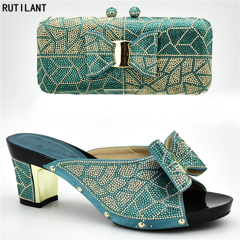 New Arrival Italian Shoes with Matching Bags for Wedding Italy Nigerian Women Wedding Shoe and Bag Set Decorated with Rhinestone