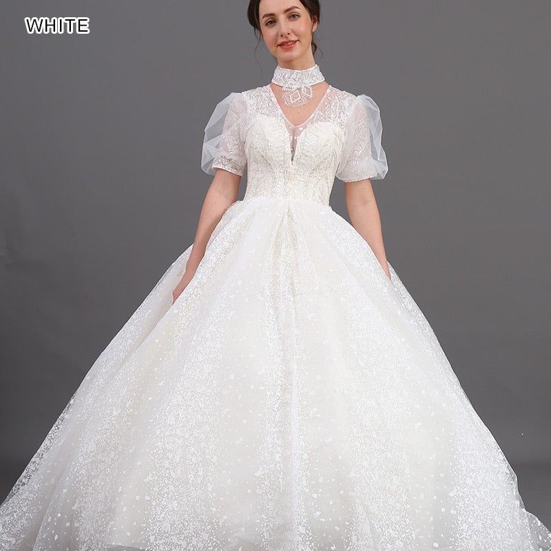INOE Lucky Women Long Wedding Dress Tulle Ball Gown Organza Sequins Short Half Sleeves for Party White Fashion Bridal Clothing