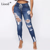 Light Blue Ripped Jeans for Women 2021 Street Style Sexy Mid Rise Distressed Trouser Stretch Skinny Hole Denim Pencil Pants