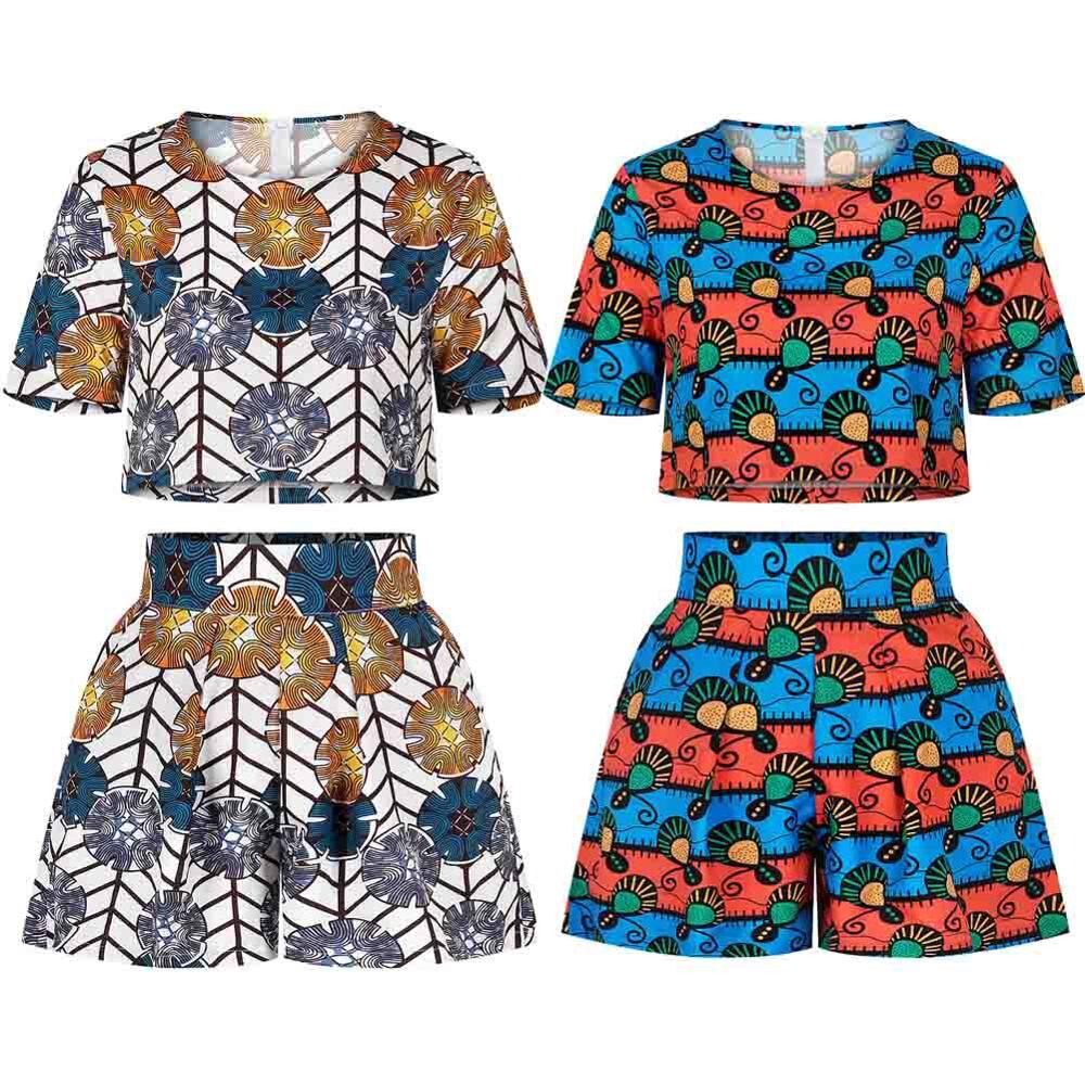 Fadzeco African Dresses for Women Dashiki Print Ankara Jumpsuit Short Sleeve Round Neck T Shirt and High Waist Short Pants