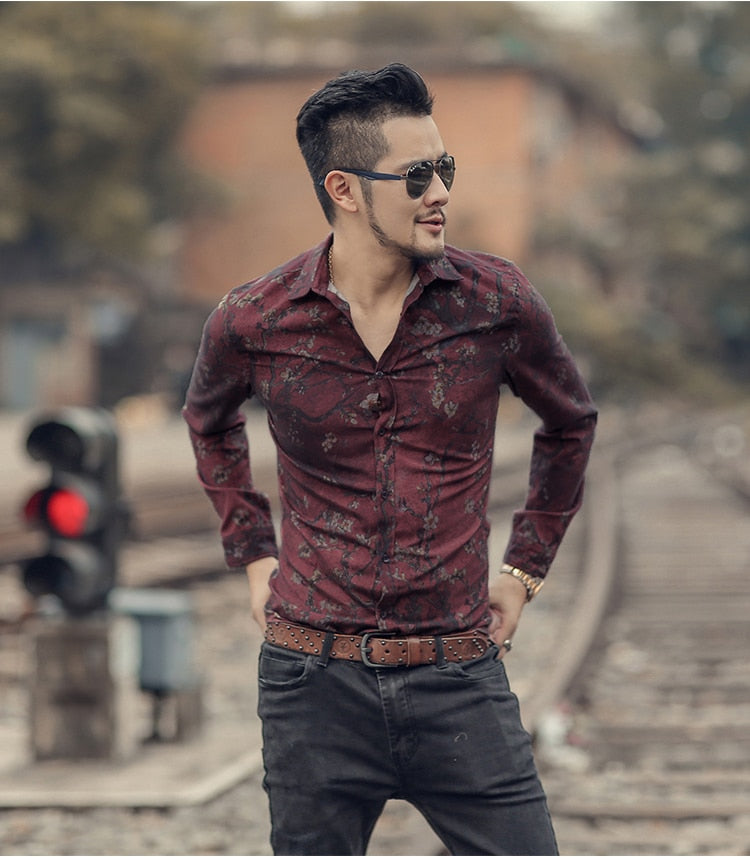 2021 New Men's Silk Satin Floral Printed Shirts Male Slim Fit Long Sleeve Flower Print Casual Party Shirt Tops M-3XL