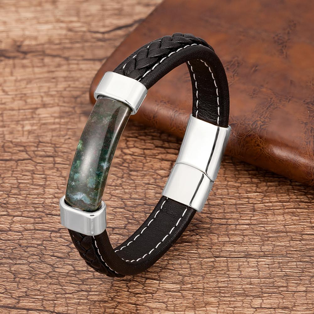 Natural Stone Men Bracelet Black Genuine Leather Rope Chain Stainless Steel Magnet Clasp Natural Stone Bracelets Male Jewelry
