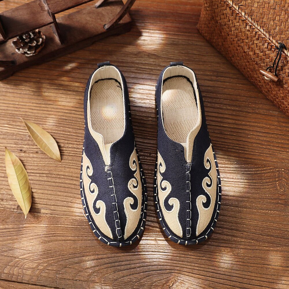Veowalk Men‘s Canvas Espadrilles Flats Handmade Embroidery Loafers Comfortable Linen Denim Slip-on Driving Shoes
