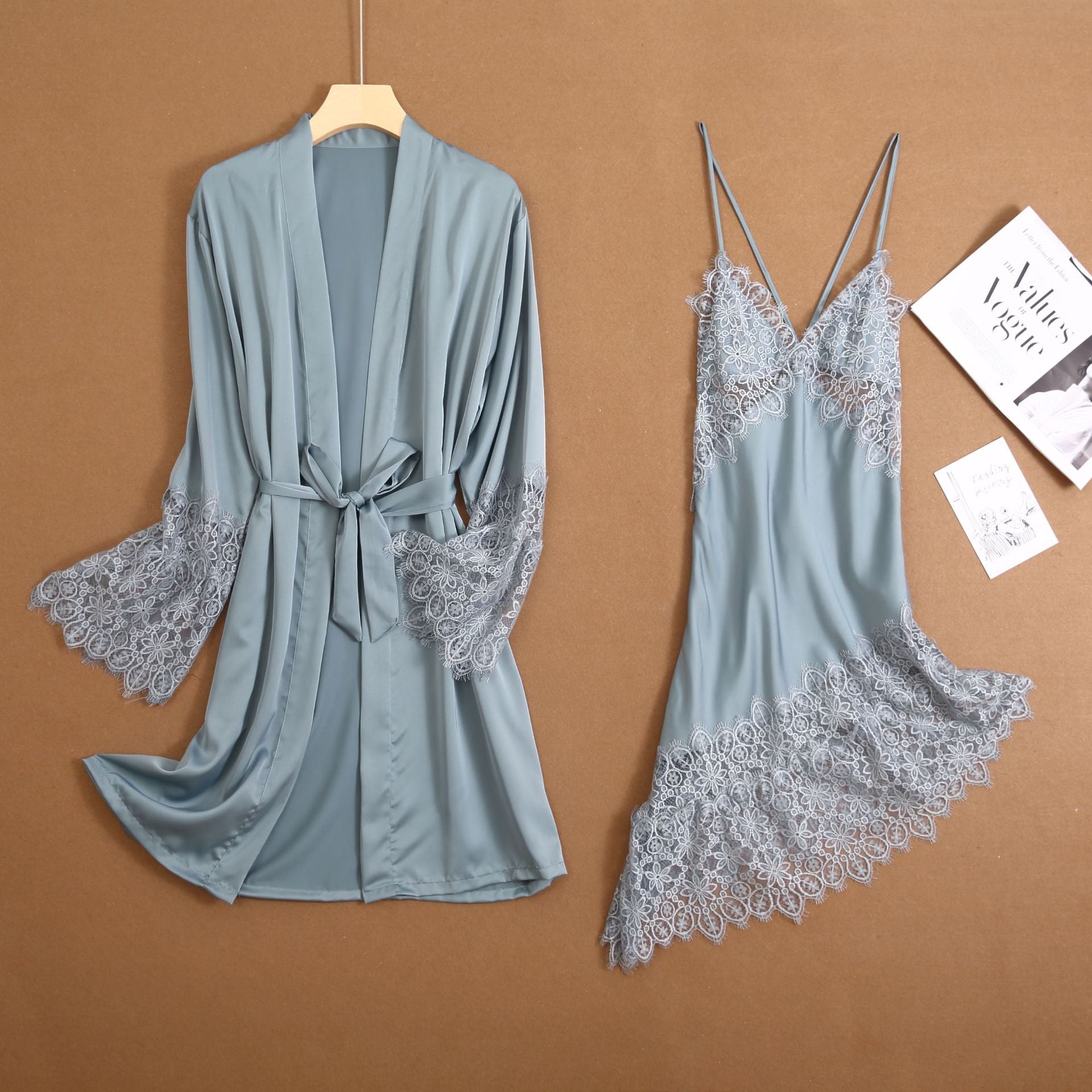 White Lace 2PC Nightwear Set Women Robe Gown Bride Sexy Strap Nightdress Summer V-Neck Sleep Suit Kimono Nighties Homewear