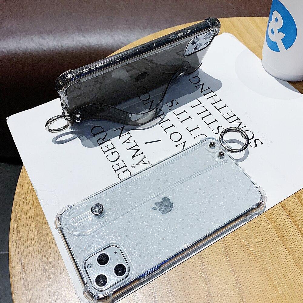 Glitter Powder Holder Phone Cases For iPhone 11 Pro Max X XR XS Max 6 6S 7 8 Plus SE 2020 SE2 Transparent Wrist Strap Back Cover - Surprise store
