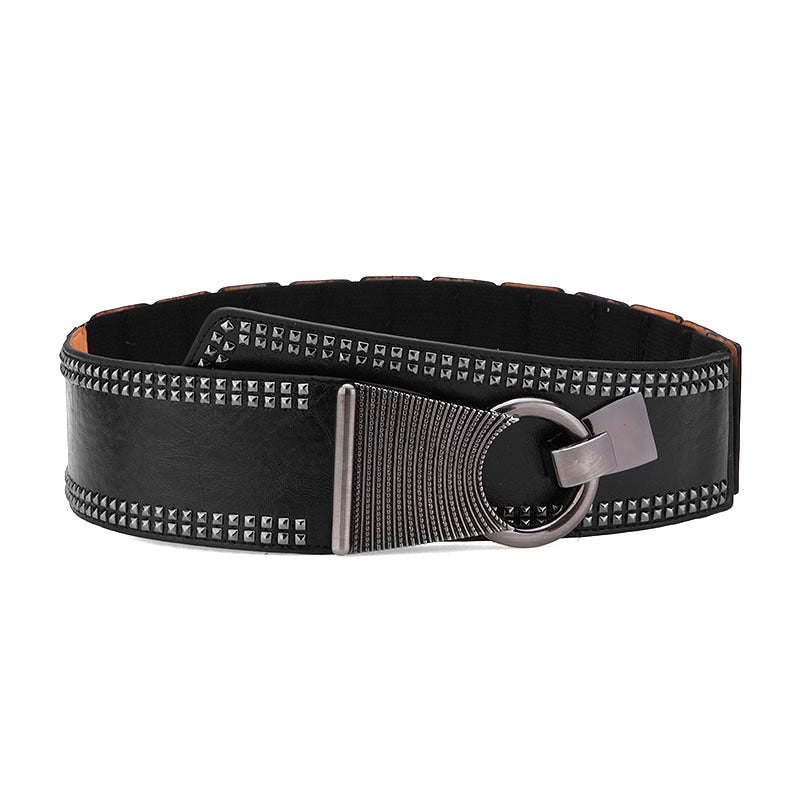 Fashion Wide Waist Belt Metal Round Buckle Punk Belts Stretchy Dress Waistband Pu Leather Cummerbunds European Style Lady Belts