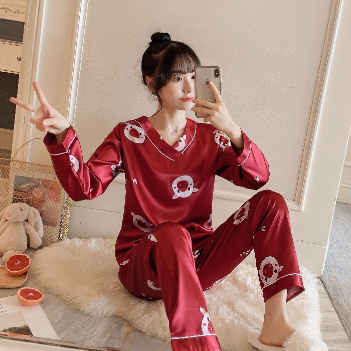 Silk Pajamas Women Cartoons Pajamas for Women Summer Nightwear Plus Size Pajama Two Piece Set Satin Silk Pyjamas Loungewear