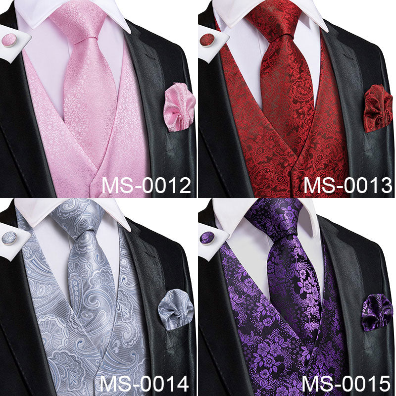 Hi-Tie Silk Adult Men's Vest for Suit Luxury Paisley Floral Plaid Suit Vest and Tie Set Blue Gold Red Sliver Wedding Vest Men