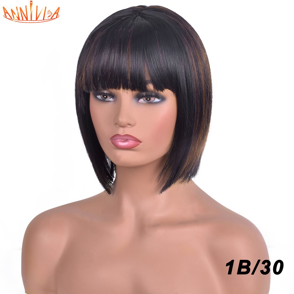 Short Bob Wigs With Bangs Straight Synthetic Hair Glueless Cosplay Wig For Black/White Women Heat Resistant Hair 8inch Annivia
