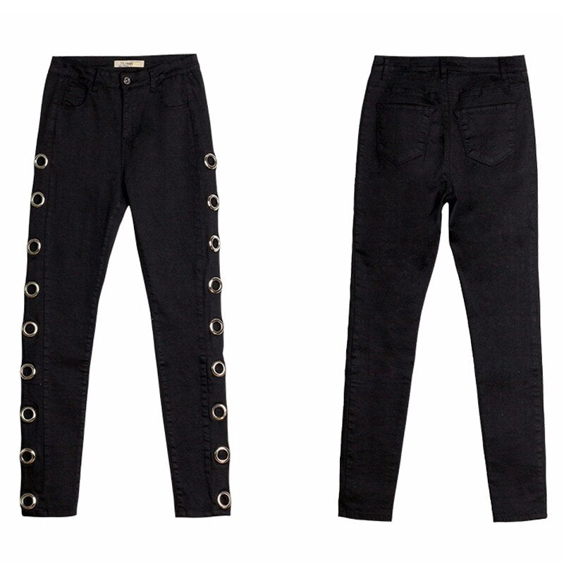 Side Eyelets High Waist Jeans Hollow Out Boyfriend Jeans For Women Skinny High Street Jeans Blue Black Denim Pencil Pants