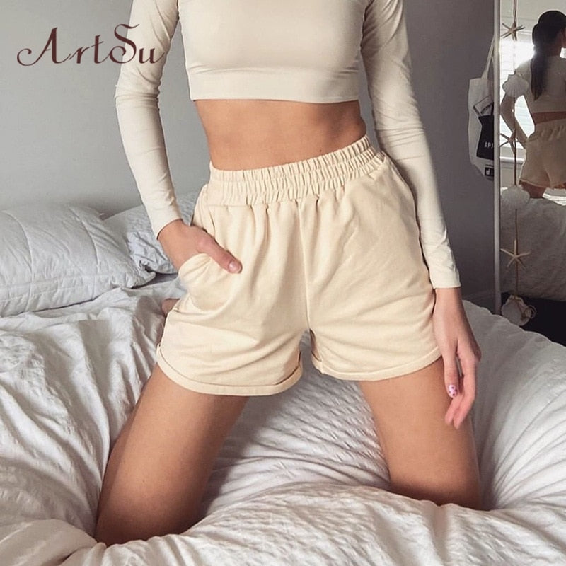 Artsu 2020 Summer Women Clothes Solid Cotton Sport Casual Shorts Women Harajuku High Waist Shorts Short Pants Ladies Autumn
