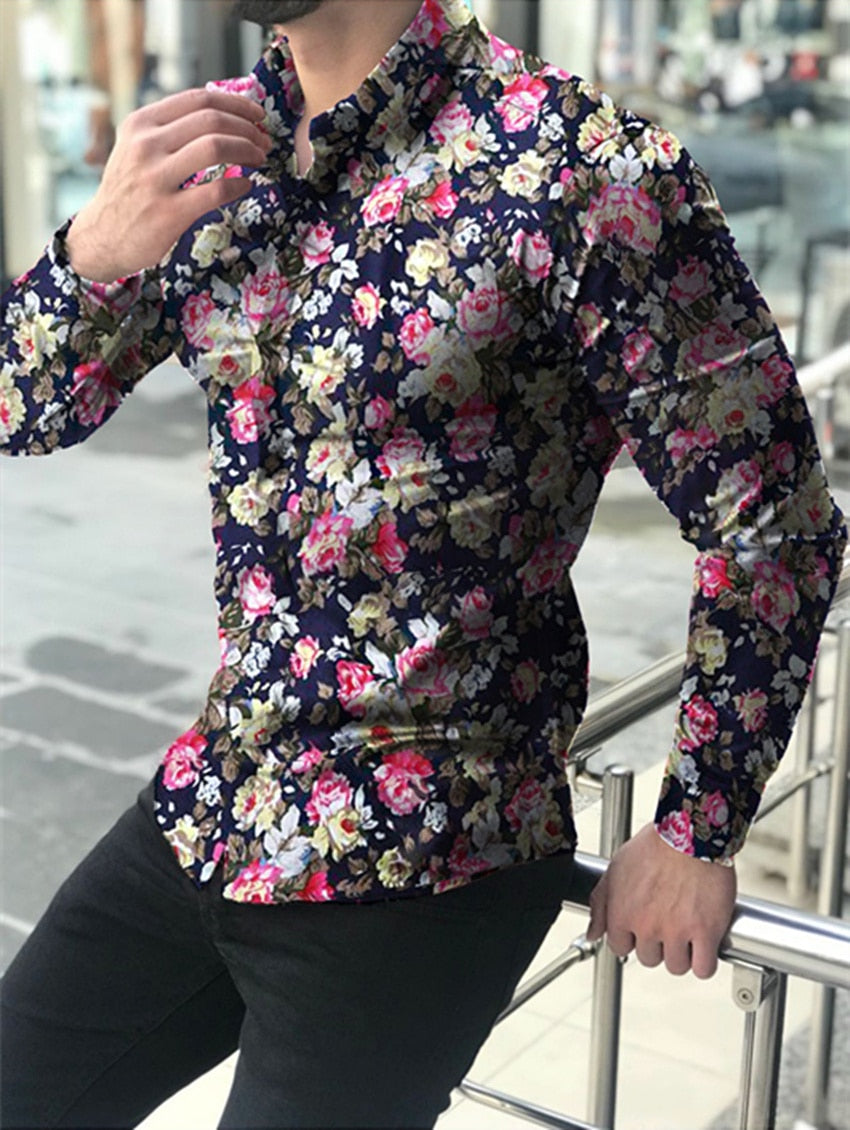Casual Men Shirt Long Sleeve Europe Style Slim Fit Shirt Men Cotton Floral Shirt Hawaii Button Shirt Top Blouse Male Top M-5XL