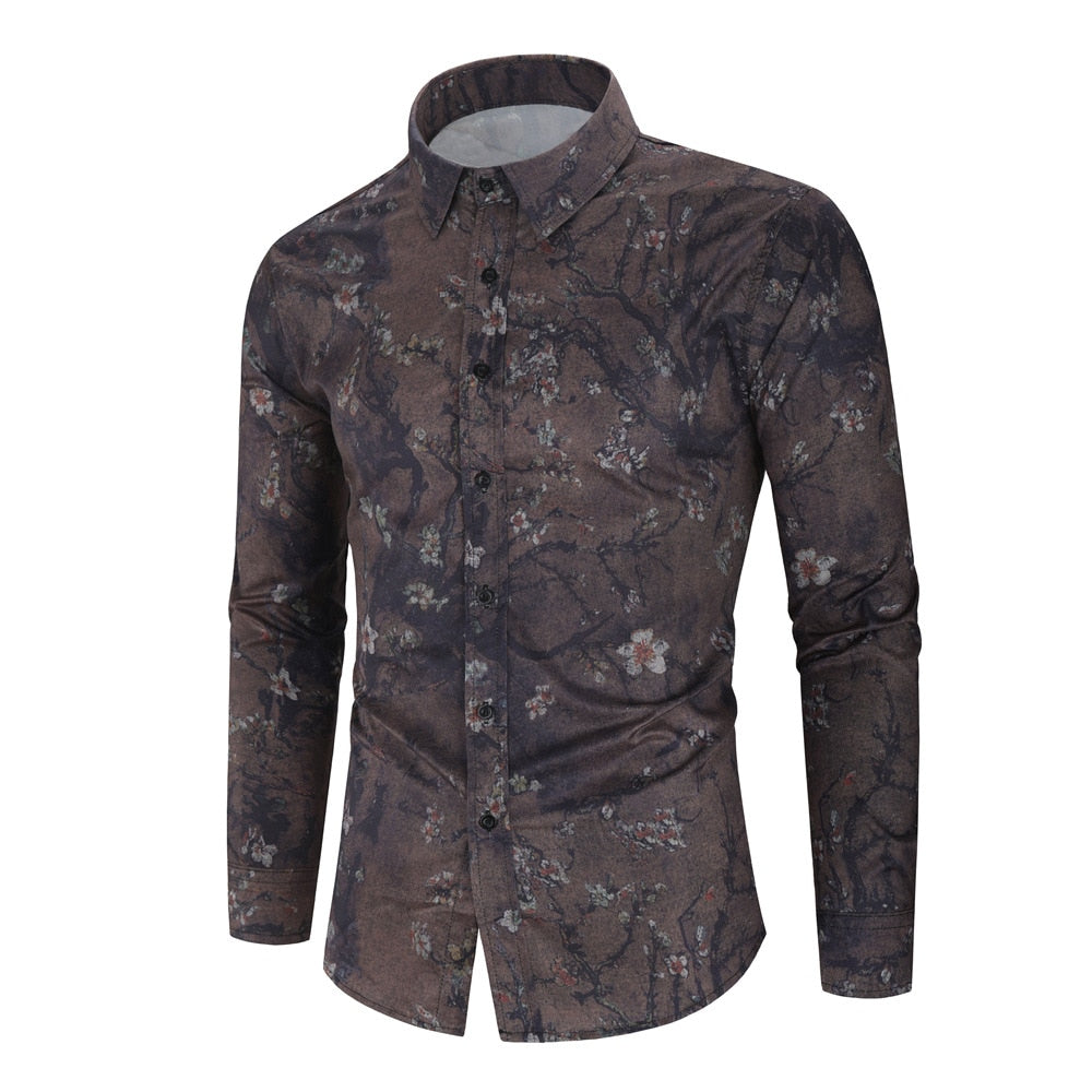 2021 New Men's Silk Satin Floral Printed Shirts Male Slim Fit Long Sleeve Flower Print Casual Party Shirt Tops M-3XL