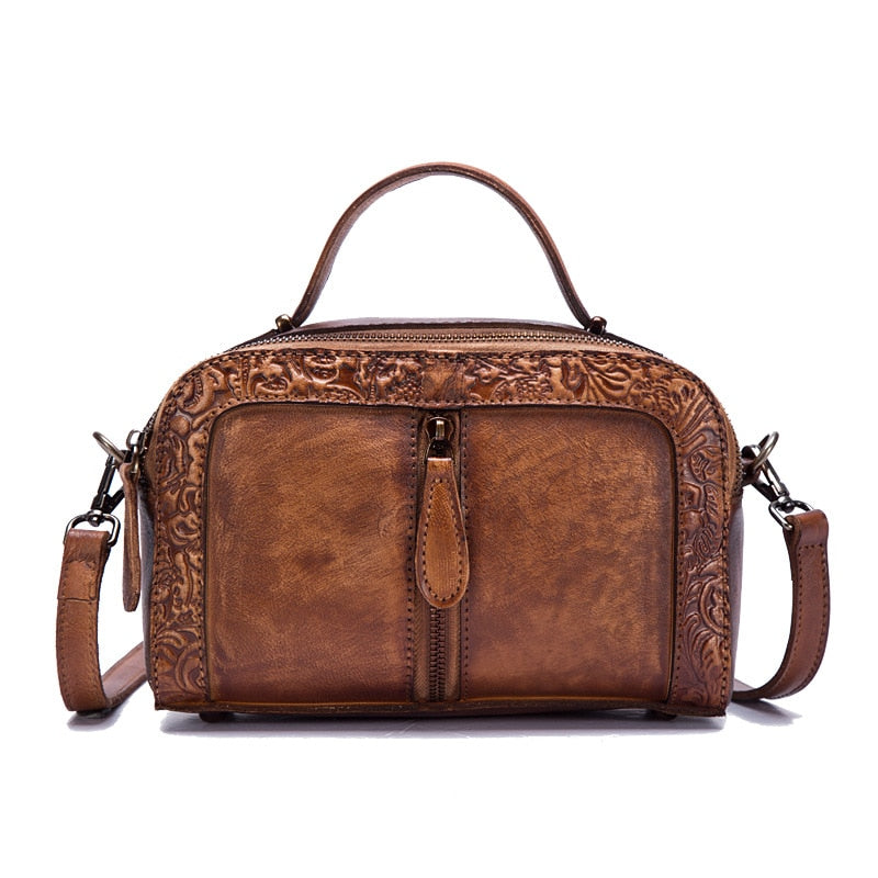 High Quality Genuine Leather Women Cowhide Top Handle Bags Vine Embossed Tote Handbag Vintage Crossbody Shoulder Messenger Bag