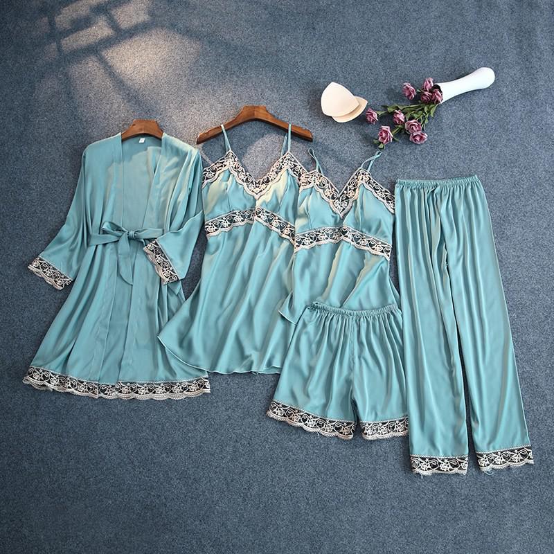 Print Pajamas Set Silky Women 5 Piece Sleepwear Satin Lace Sleep Pyjama Lounge with Belt Chest Pads Sexy Strap Home Nightwear