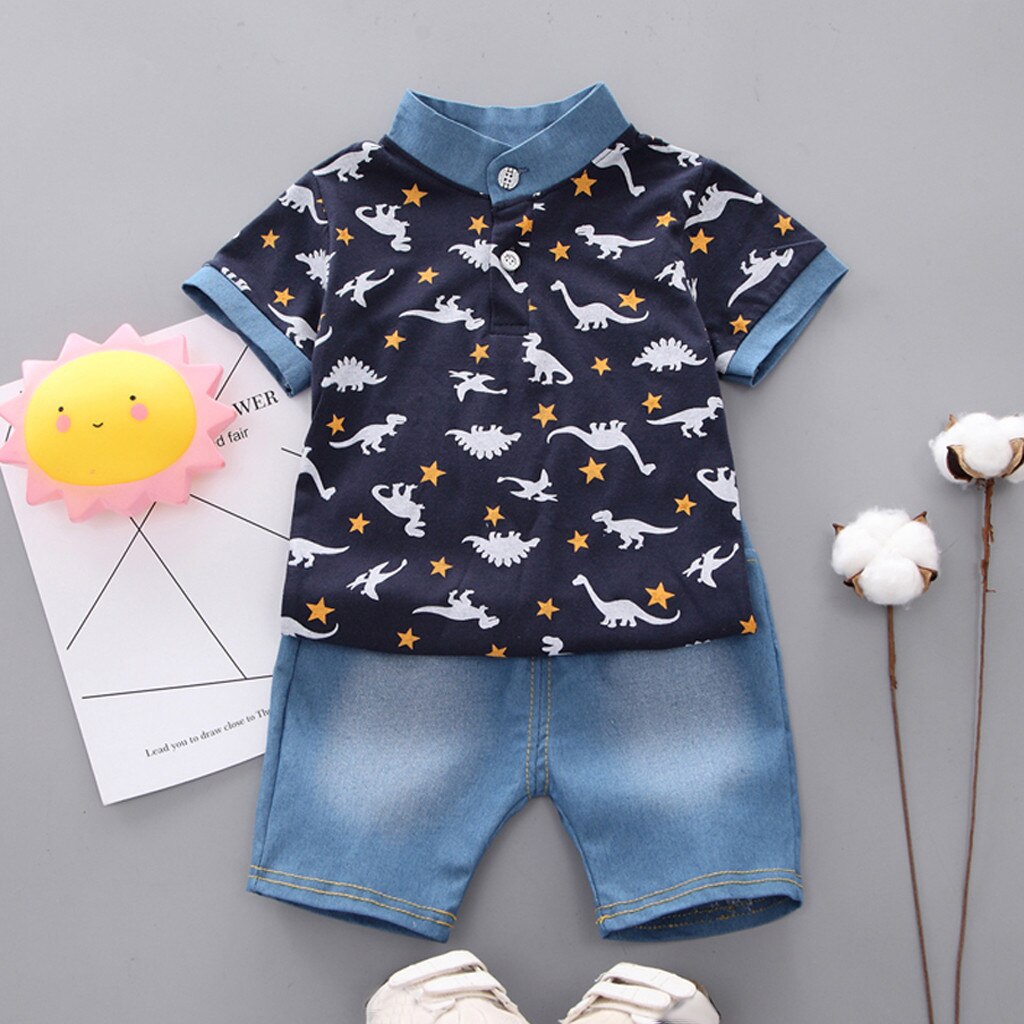 Baby Boy Clothing Sets Summer Toddler Boys Short Sleeve Crown Pattern Shirt Tops+ Denim Pants Kids Clothes Set Newborn Outfits