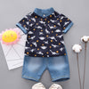 Baby Boy Clothing Sets Summer Toddler Boys Short Sleeve Crown Pattern Shirt Tops+ Denim Pants Kids Clothes Set Newborn Outfits