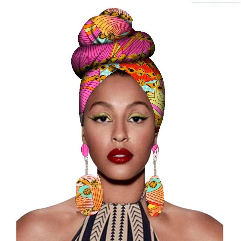 2020 fashion african headwraps+earings 2 piece sets for women bazin riche african head scarf pure cotton