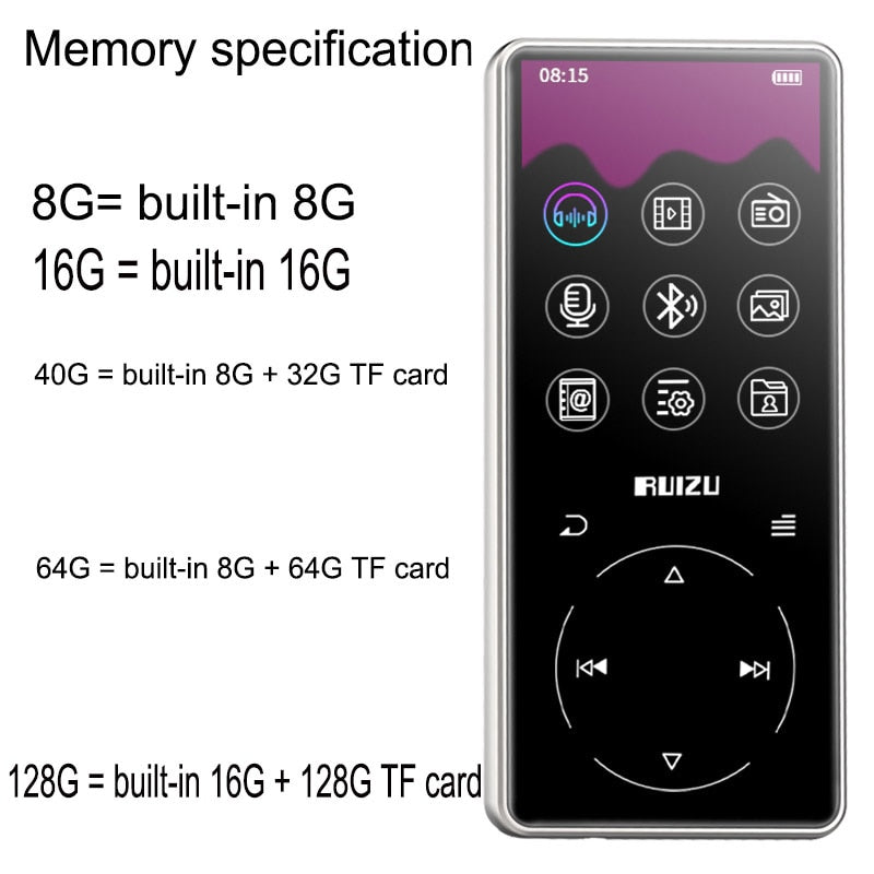 RUIZU MP3 Player with bluetooth 4.2 and 2.4 Screen touch keys hifi fm radio mini sport MP 3 music player portable metal walkman