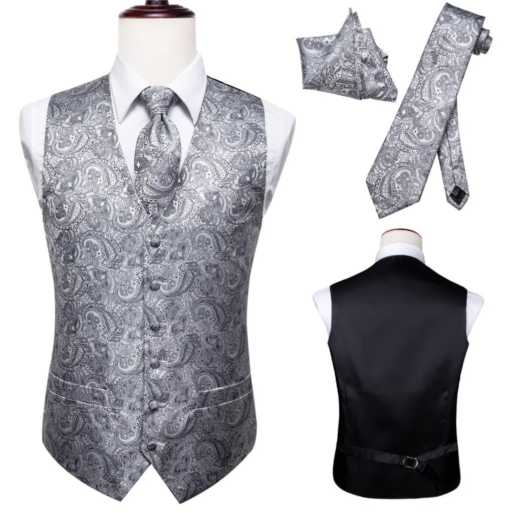 Hi-Tie 11 Kinds Silk Men's Waistcoat and Tie Set Business Wedding Vests With Necktie Hankerchief Cufflinks Floral Paisley Slim