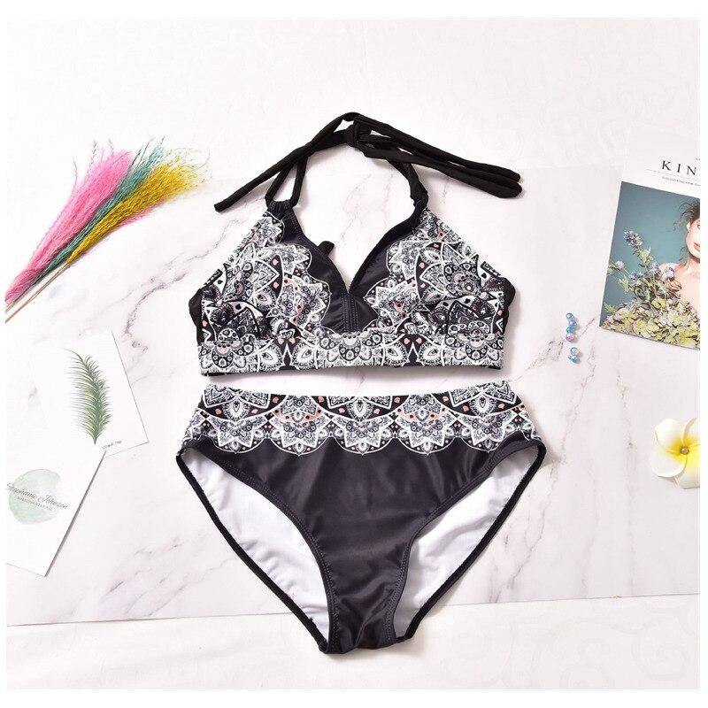 2020 Swimwear High Waisted Two Piece Plus Size Large Size Plus Fat Printed Swimsuit Women Back Chalaza Bikini Beach Bathing Suit - Surprise store