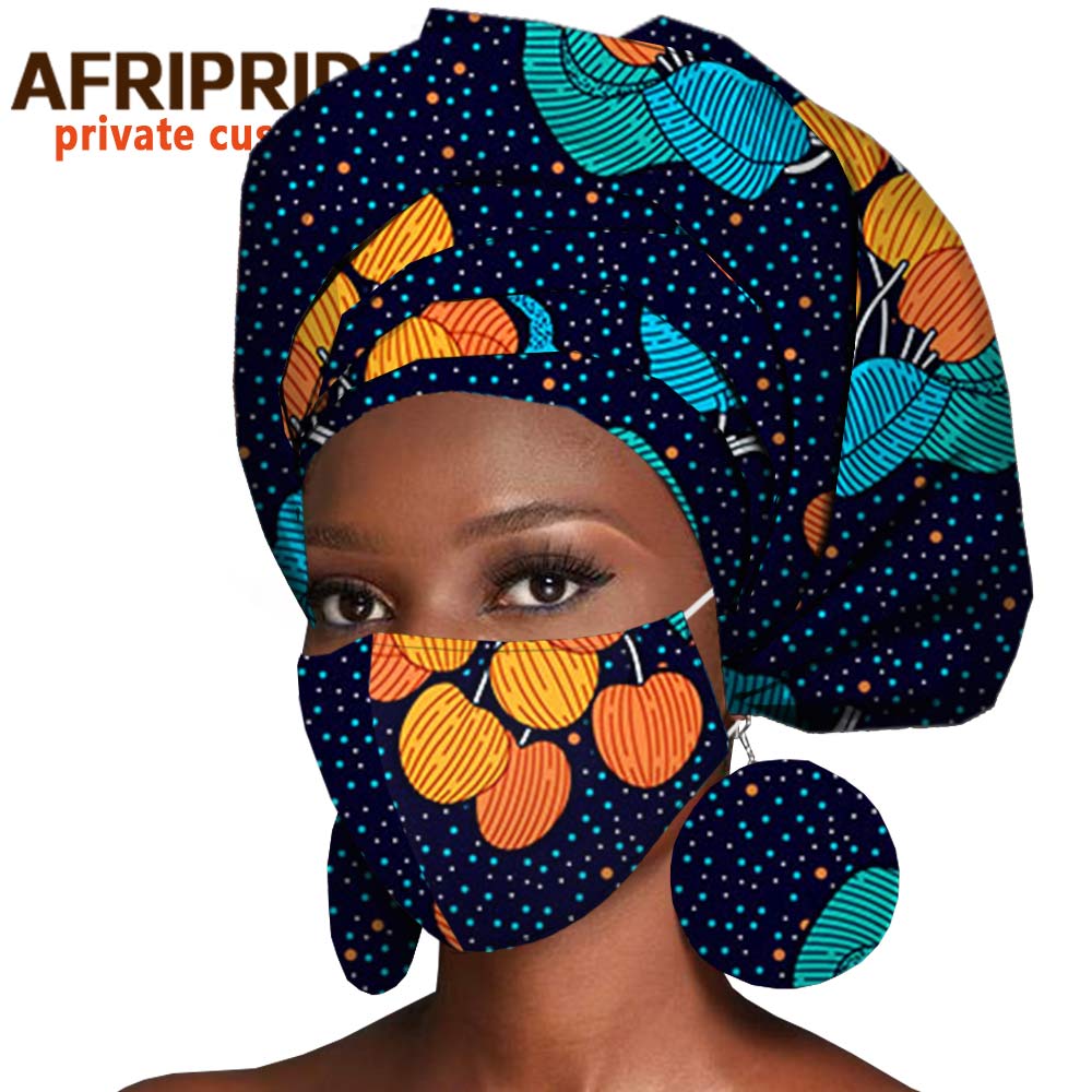African Headwrap Earrings Hair Accessories Scarf Bonnet Ankara Wax Fabric Head Turban African Headscarf Mask Match Print A20H004