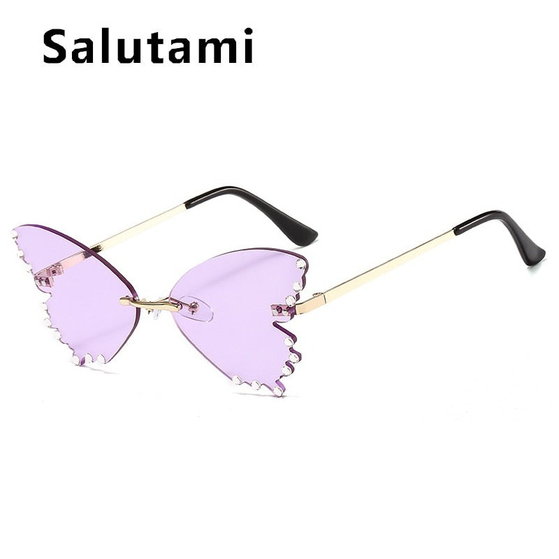Unique Rimless Crystal Butterfly Cat Eye Sunglasses For Women Fashion Alloy Elegant Sun Glasses Female Rhinestone Party Shades