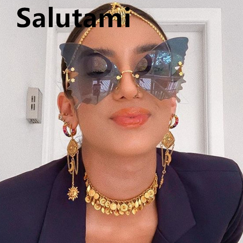 Unique Rimless Overiszed Butterfly Cat Eye Sunglasses For Women New Fashion Brand Gradient Sun Glasses Big Frame Female Shades