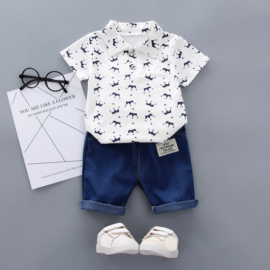 Baby Boy Clothing Sets Summer Toddler Boys Short Sleeve Crown Pattern Shirt Tops+ Denim Pants Kids Clothes Set Newborn Outfits