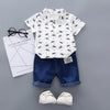 Baby Boy Clothing Sets Summer Toddler Boys Short Sleeve Crown Pattern Shirt Tops+ Denim Pants Kids Clothes Set Newborn Outfits
