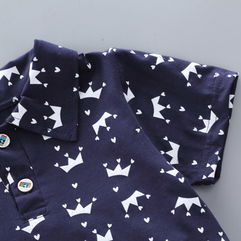 Baby Boy Clothing Sets Summer Toddler Boys Short Sleeve Crown Pattern Shirt Tops+ Denim Pants Kids Clothes Set Newborn Outfits