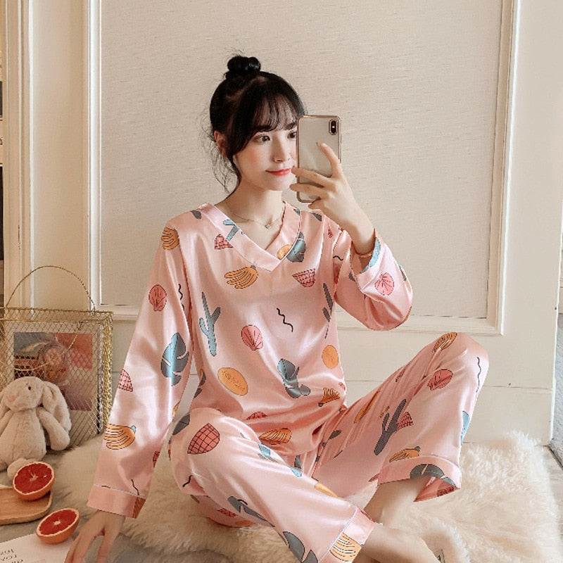 Silk Pajamas Women Cartoons Pajamas for Women Summer Nightwear Plus Size Pajama Two Piece Set Satin Silk Pyjamas Loungewear