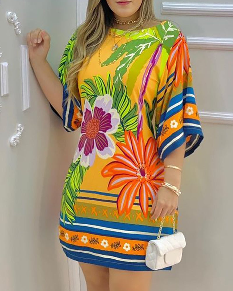 2021 Summer Women's Mini Tropical Print Half Sleeve Casual Dress Round Neck Chic