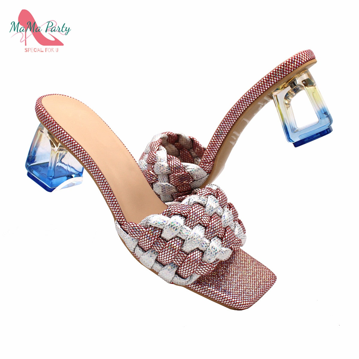 Popular Newest Nigerian Women Shoes in Red Color Square Toe Mature Style African Ladies for Wedding Party