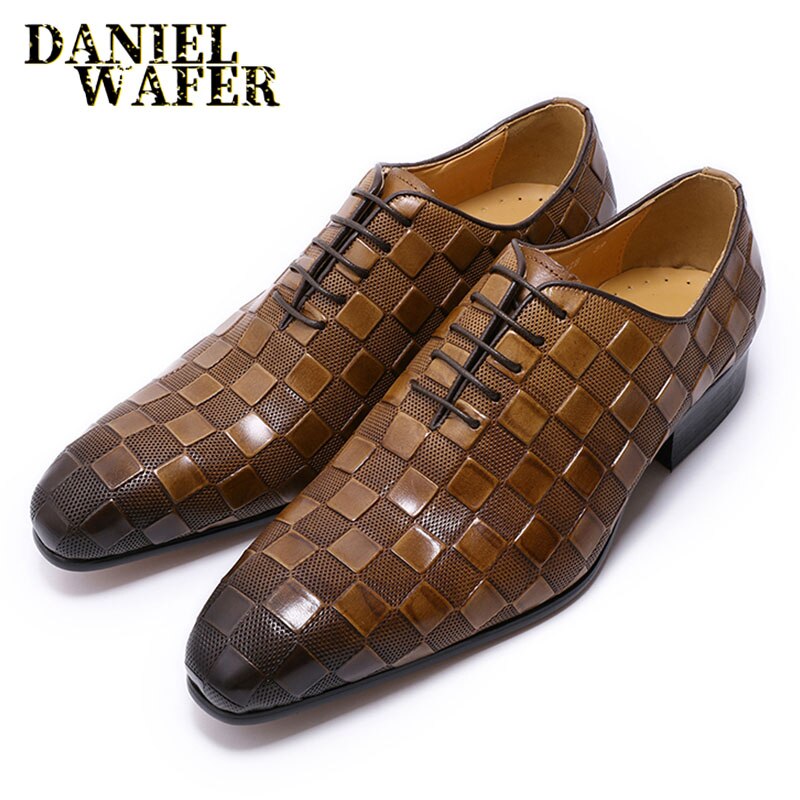 LUXURY ITALIAN LEATHER SHOES MEN NEW FASHION PLAID PRINTS LACE UP BLACK BROWN WEDDING OFFICE SHOES FORMAL OXFORD SHOES FOR MEN