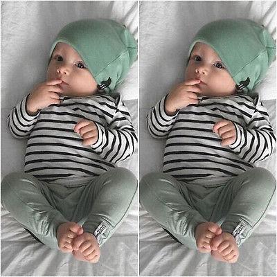 AA NEW Arrive Autumn 3PCS striped Set Newborn Kids Baby Boys Girls Outfits Clothes T-shirt +Pants Legging+Hat