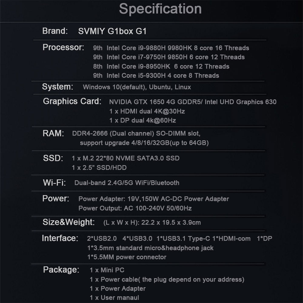 Gaming Mini PC Intel Core i9 9880H Nvidia GTX 1650 4G Graphics 2DDR4 SSD i5 9300H i7 9750H Windows10 Linux PUBG GTA5 HDMI DP
