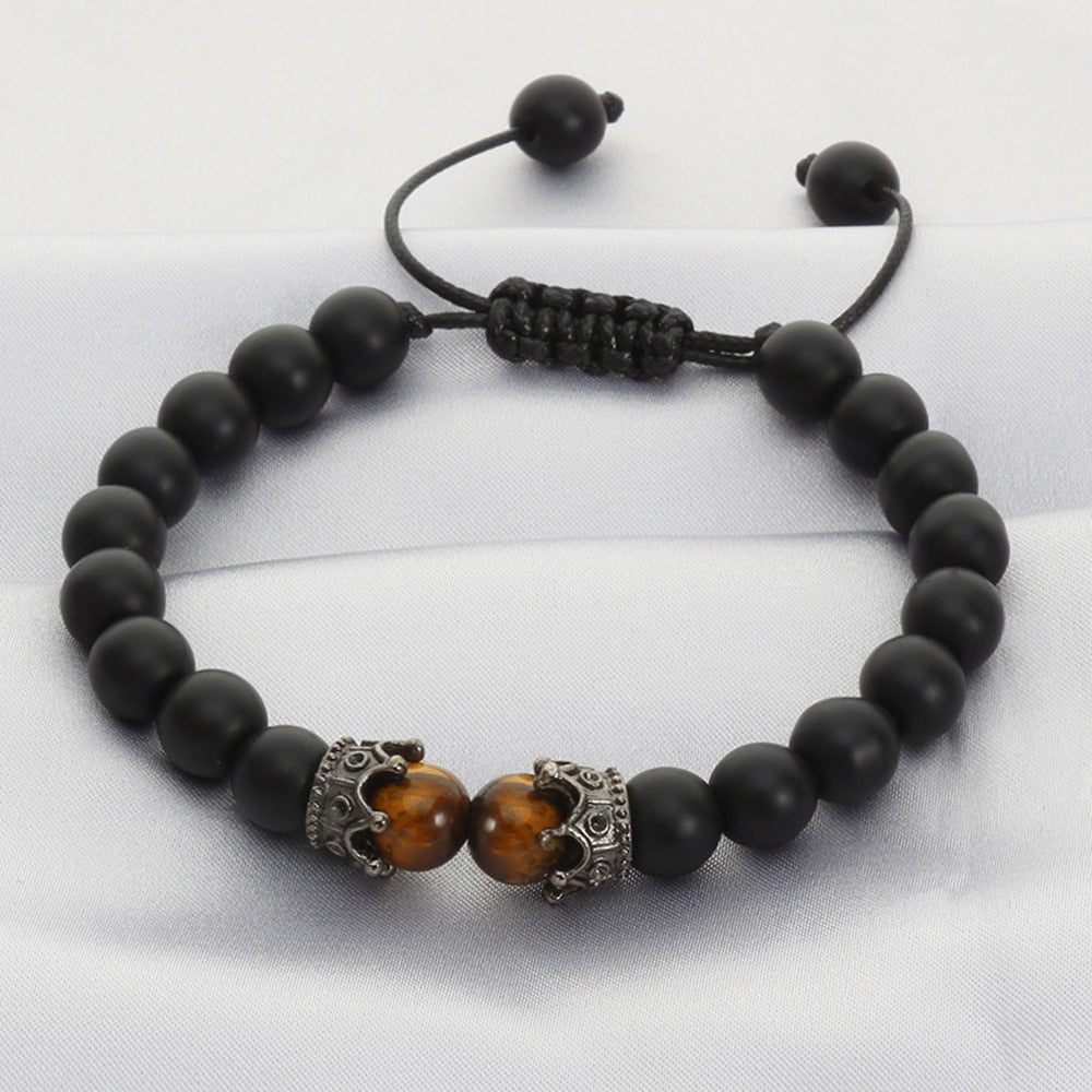 Black Lava Stone Crown Charm Tiger Eye Beads Bracelet For Men Women Braided Bracelets Handmade Adjustable Jewelry Pulseira