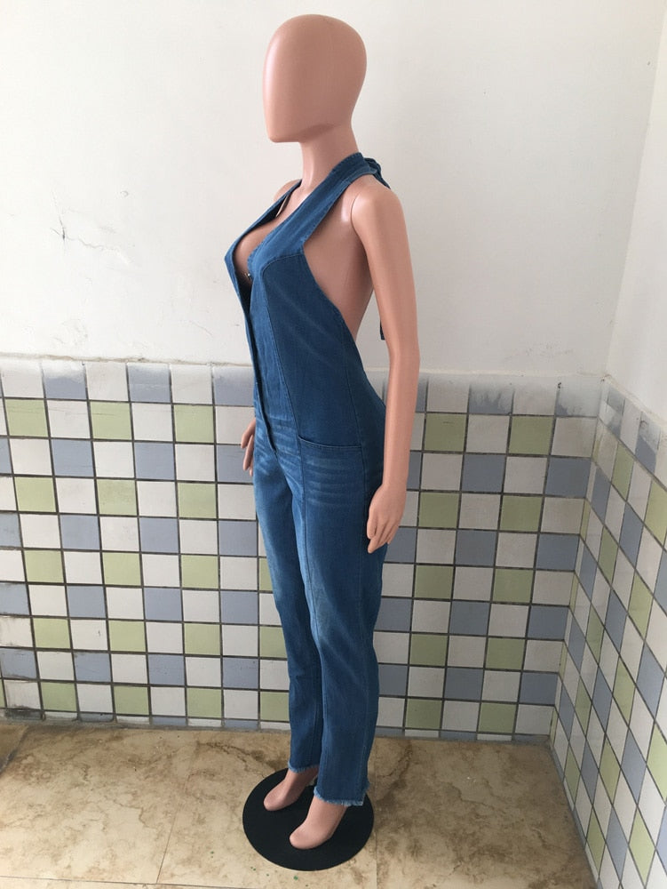 Backless Jeans Rompers Sexy Women Halter Bodycon Blue Denim Pencil Jumpsuit Overalls