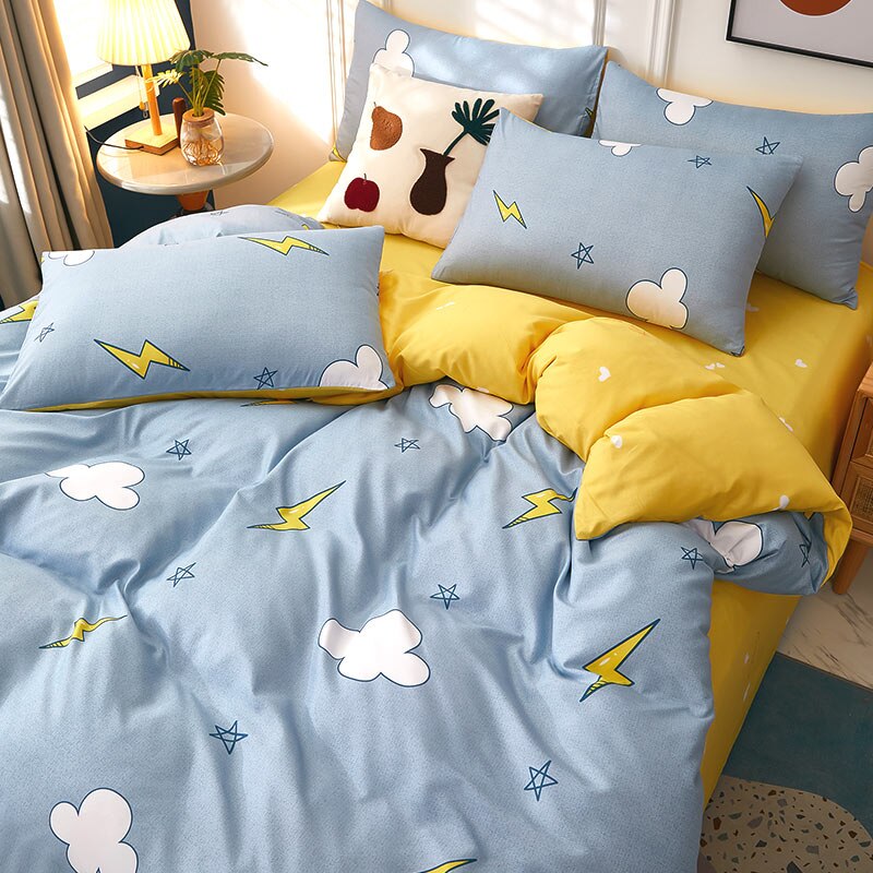 4pcs Nordic Bedding Set , Duvet Cover + Pillow Case + Bed Sheet Home Textiles Bed Sheets Set Washed Cotton A/B side Qulit Sheet